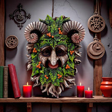 Laden Sie das Bild in den Galerie-Viewer, Pagan Horned Forest Guardian Sculpture Green Man Wall Plaque Wiccan Decor