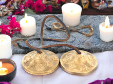 Load image into Gallery viewer, Bronze Tingsha Cymbals with 8 Auspicious Signs, Tibetan Meditation Bells, 6cm Chimes with Leather Strap, Ritual Instrument with Tibetan Box-OsirisTradingUK