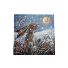 Load image into Gallery viewer, ICE MOON HARE Ceramic Art Tile by Judith Yates 20x20 cm – Nature Wall Décor, Winter Scene, Ready to Hang