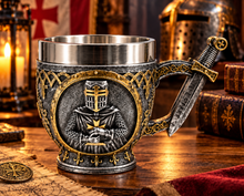 Load image into Gallery viewer, Medieval Crusader Knight Drinking Tankard Gothic Silver Gold Mug Home Bar Decor
