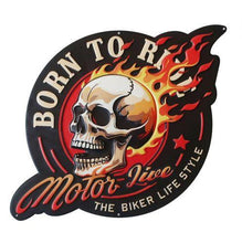 Laden Sie das Bild in den Galerie-Viewer, Flaming Skull Metal Wall Art | Born to Ride Motorcycle Biker Decor Sign 34x30cm