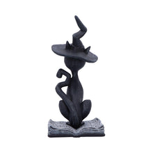 Laden Sie das Bild in den Galerie-Viewer, Mystical Gothic Black Cat Figurine on Open Spell Book Wiccan Altar Decor