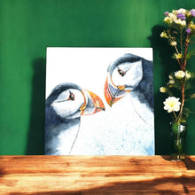 Load image into Gallery viewer, Puffins Ceramic Art Tile by Val Goldfinch 20x20 cm | Wall Art Decor | Ready to Hang | Unique Gift in Box