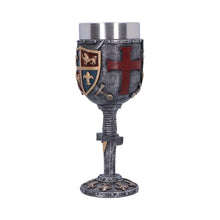 Load image into Gallery viewer, Medieval Knight Goblet Sword Stem Chalice with Heraldic Crest Gothic Fantasy Drinkware
