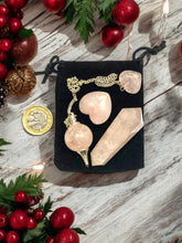 Load image into Gallery viewer, Healing Rose Quartz Crystal Set - Heart Shaped, Wand & Pendulum with Velvet Pouch | Reiki, Chakra Balancing, and Energy Healing Gift Set