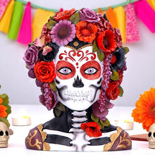 Laden Sie das Bild in den Galerie-Viewer, Gothic Festival Skeleton Bust Day of the Dead Sugar Skull Figurine with Flower Crown