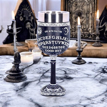 Load image into Gallery viewer, Black & White Spirit Board Goblet Glass | Gothic Planchette Stem Design | Gift Boxed