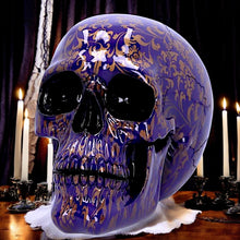 Laden Sie das Bild in den Galerie-Viewer, Gothic Indigo Skull Ornament Fantasy Figurine with Gold Patterns Romantic Art Decor Statue