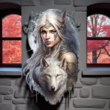 Laden Sie das Bild in den Galerie-Viewer, Fantasy Wolf Warrior Wall Plaque Metal Art | Gothic White Wolf Woman | Norse Myth Inspired Decor 48cm