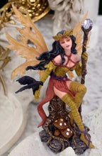 Load image into Gallery viewer, Autumn Enchantress Fairy with Raven Companion Figurine, Mystical Forest Decor, Sorceress Statue, Unique Fantasy Art, Gothic Home Accent