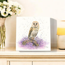Load image into Gallery viewer, OLIVIA Owl Ceramic Art Tile by Bree Merryn – 20x20 cm Ready to Hang – Nature-Inspired Decor with Lavender Theme