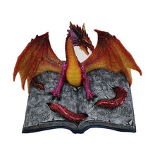 Laden Sie das Bild in den Galerie-Viewer, Fantasy Dragon on Spellbook Ornament | Red Glitter Resin Figurine | Magical Gothic Decor 18cm
