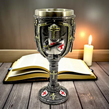 Load image into Gallery viewer, Medieval Knight Goblet with Shield and Sword Crusader Chalice Resin Fantasy Gift