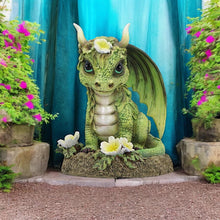 Load image into Gallery viewer, Green Baby Dragon Figurine 11.5cm – Cute Resin Fantasy Ornament with Flowers