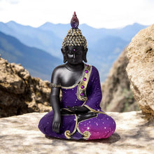 Laden Sie das Bild in den Galerie-Viewer, Thai Buddha Meditation Figurine | Black & Purple Zen Statue | 30cm Resin Home Decor