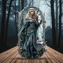 Laden Sie das Bild in den Galerie-Viewer, Elegant Sword Maiden with Wolf Metal Wall Art – Fantasy Gothic Style Panel – 48cm Home D