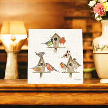 Load image into Gallery viewer, House Party Birds Ceramic Art Tile by Bree Merryn - 20x20 cm Wall Hanging - Decorative Birdhouse Tile - Boxed Gift"