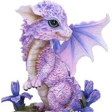 Load image into Gallery viewer, Cute Lavender Dragon Figurine – Mythical Fantasy Resin Statue with Floral Base 12cm