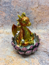 Load image into Gallery viewer, Golden Dragon Lotus Throne Figurine - Mystical Resin Dragon Statue for Home Decor and Enchantment, 10cm-OsirisTradingUK