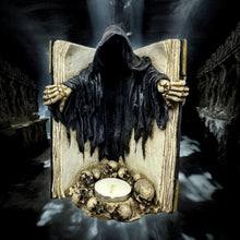 Laden Sie das Bild in den Galerie-Viewer, Book of the Dead Tea Light Holder Gothic Reaper Candle Figurine Halloween Decor