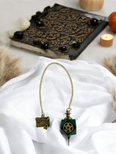 Load image into Gallery viewer, Bloodstone Dowsing Pendulum with Pentagram & Ouija Charm, 24cm Chain, Spiritual Divination Tool in Gift Box
