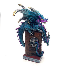 Laden Sie das Bild in den Galerie-Viewer, Blue Alchemy Dragon Figurine - Skull Book Sculpture Gothic Fantasy Ornament