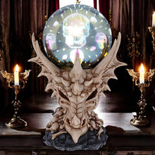 Load image into Gallery viewer, Skeletal Dragon Skull Figurine with Light-Up Orb Multi-coloured LED Skulls Gift Boxed.