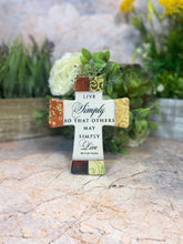 Load image into Gallery viewer, Porcelain Cross "Live Simply" | Mother Teresa Quote | Spiritual Home Decor Timeless Christian Keepsake | Inspirational Centrepiece-OsirisTradingUK