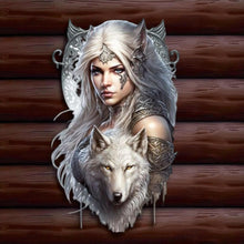 Laden Sie das Bild in den Galerie-Viewer, Fantasy Wolf Warrior Wall Plaque Metal Art | Gothic White Wolf Woman | Norse Myth Inspired Decor 48cm