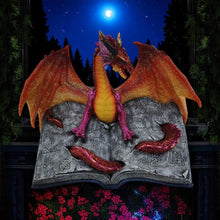 Laden Sie das Bild in den Galerie-Viewer, Fantasy Dragon on Spellbook Ornament | Red Glitter Resin Figurine | Magical Gothic Decor 18cm