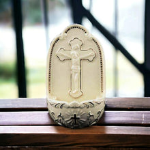 Load image into Gallery viewer, Porcelain Crucifix Holy Water Font, 13cm White Hanging or Standing, Religious Decor with Gold Detailing