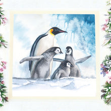 Load image into Gallery viewer, Winter Penguins Art Tile by S. Jones - Handcrafted Ceramic Wall Décor 20x20cm - Ready to Hang