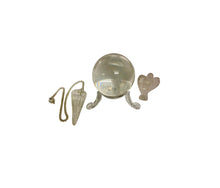 Load image into Gallery viewer, Small Clear Quartz Crystal Ball & Stand, Quartz Dowsing Pendulum & 3cm Quartz Angel Set - 4cm Sphere