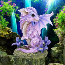 Load image into Gallery viewer, Cute Lavender Dragon Figurine – Mythical Fantasy Resin Statue with Floral Base 12cm