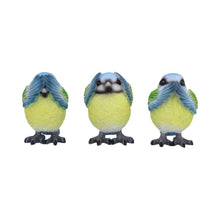 Load image into Gallery viewer, Three Wise Blue Tit Bird Figurines See No, Hear No, Speak No Evil Set Ornaments