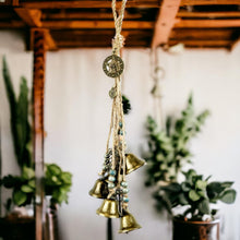 Load image into Gallery viewer, Bohemian Witch Protection Hanging Bells, Enchanted Metal Bells with Beads, Rustic Wiccan Decor, Mystical Home Charm for Harmony and Balance-OsirisTradingUK