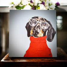 Load image into Gallery viewer, Sebastian Ceramic Art Tile by Victoria Coleman 20x20 cm Ready to Hang Wall Decor Unique Dachshund Artwork