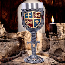 Load image into Gallery viewer, Medieval Knight Goblet Sword Stem Chalice with Heraldic Crest Gothic Fantasy Drinkware