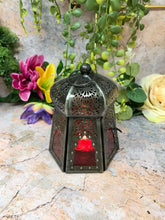 Load image into Gallery viewer, Antique Effect Moroccan Style Lantern Candle Red Glass Tealight Holder-OsirisTradingUK