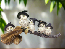 Load image into Gallery viewer, Owl Family on Broomstick Resin Figurine - Witchy Decor, Whimsical Sculpture Gift