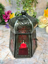 Load image into Gallery viewer, Antique Effect Moroccan Style Lantern Candle Red Glass Tealight Holder-OsirisTradingUK