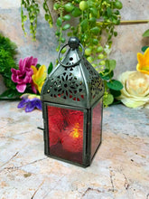 Load image into Gallery viewer, Antique Effect Moroccan Style Red Glass Zinc Lantern Candle Tealight Holder-OsirisTradingUK