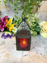 Load image into Gallery viewer, Antique Effect Moroccan Style Red Glass Zinc Lantern Candle Tealight Holder-OsirisTradingUK