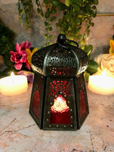 Load image into Gallery viewer, Antique Effect Moroccan Style Lantern Candle Red Glass Tealight Holder-OsirisTradingUK