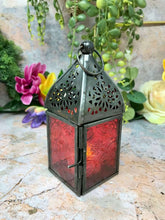 Load image into Gallery viewer, Antique Effect Moroccan Style Red Glass Zinc Lantern Candle Tealight Holder-OsirisTradingUK