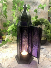 Charger l'image dans la galerie, Antique Effect Moroccan Style Purple Glass Zinc Lantern Candle Tealight Holder