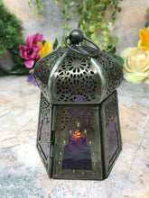 Laden Sie das Bild in den Galerie-Viewer, Antique Effect Moroccan Style Lantern Candle Purple Glass Tealight-OsirisTradingUK