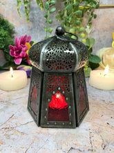 Load image into Gallery viewer, Antique Effect Moroccan Style Lantern Candle Red Glass Tealight Holder-OsirisTradingUK
