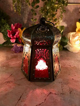 Load image into Gallery viewer, Antique Effect Moroccan Style Lantern Candle Red Glass Tealight Holder-OsirisTradingUK