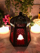 Load image into Gallery viewer, Antique Effect Moroccan Style Lantern Candle Red Glass Tealight Holder-OsirisTradingUK